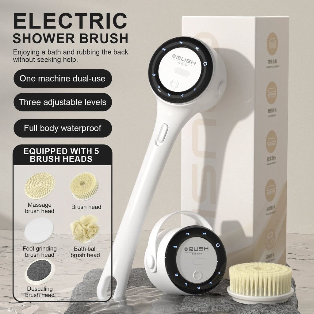 Electric Shower Cleaning Brush – 5 Heads, 3 Speeds, Long Handle