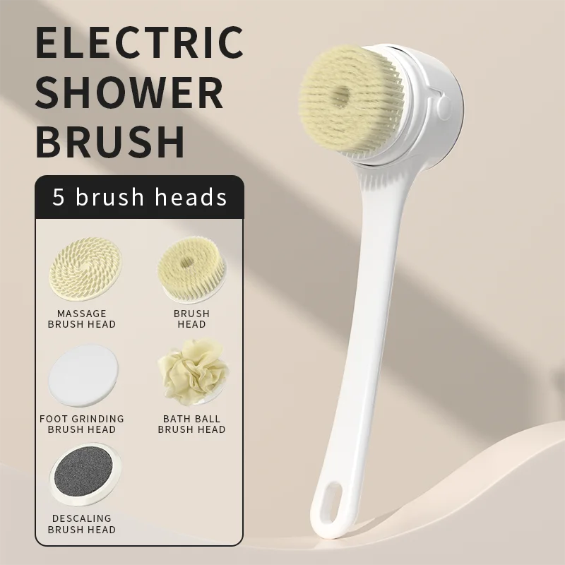 Electric Shower Cleaning Brush – 5 Heads, 3 Speeds, Long Handle