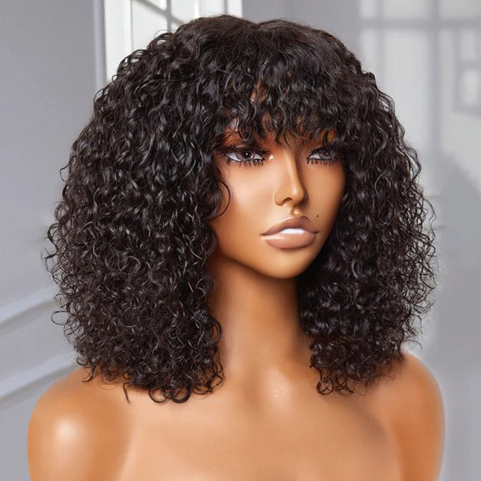 Jerry Curly Short Bob Wig – Glueless Human Hair with Bangs