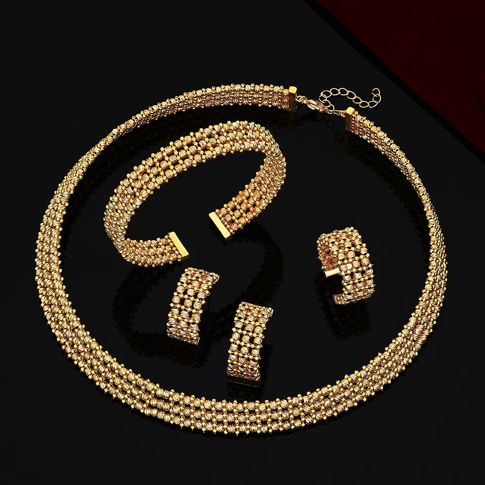 Dubai Bridal Jewelry Set – Gold Plated Necklace, Bracelet, Earrings & Ring